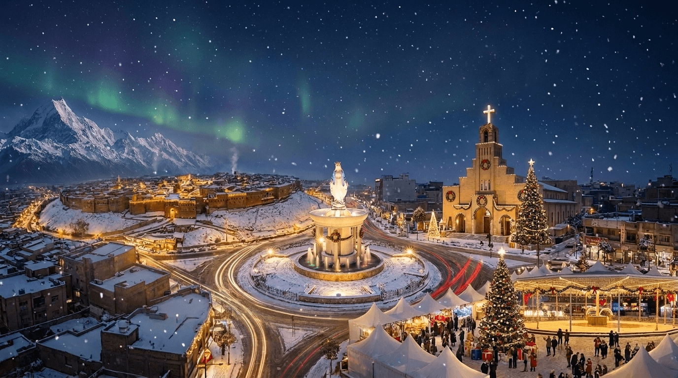 Snow-covered Ankawa and Erbil decorated for the Christmas festival