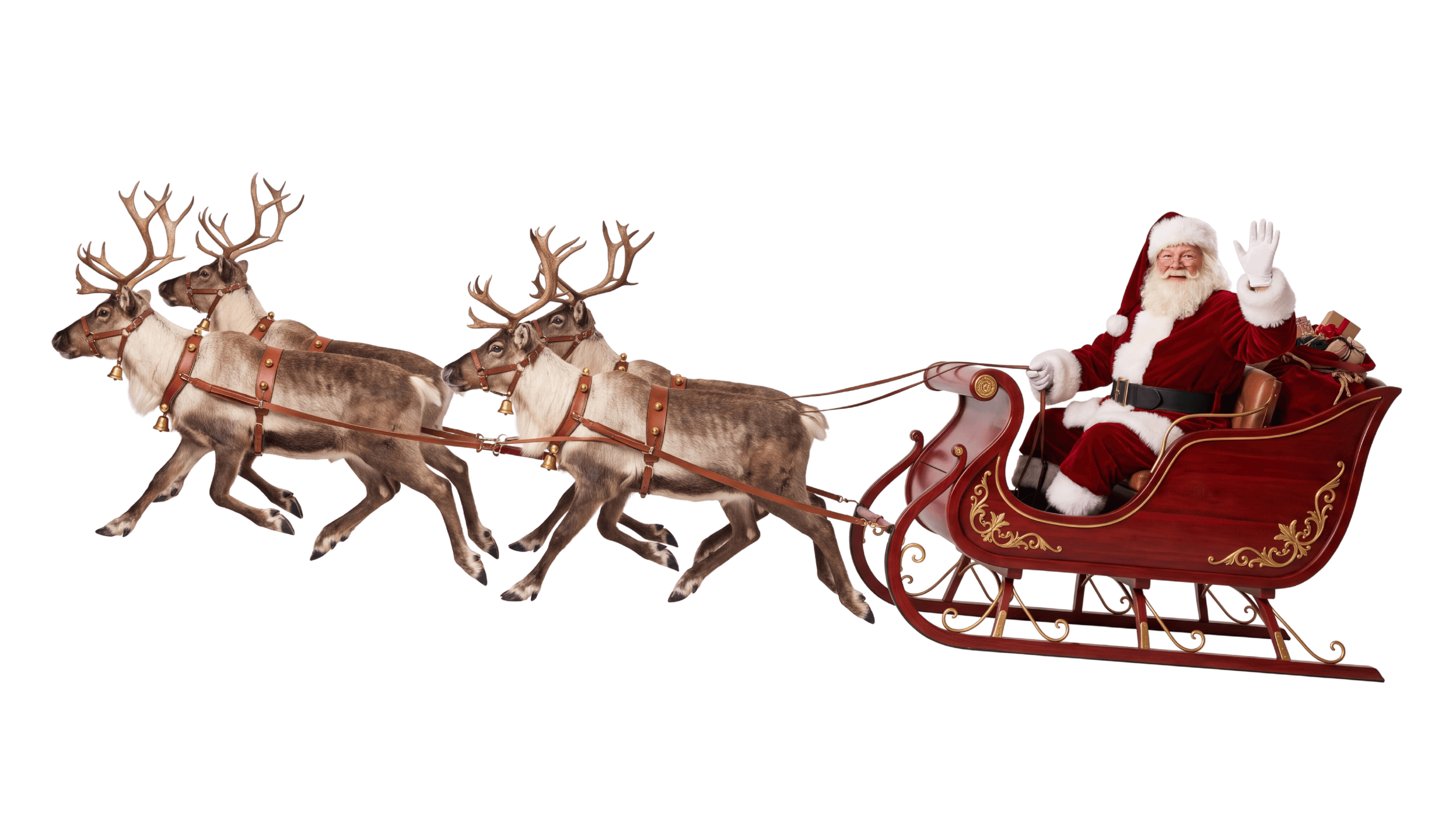 Santa waving from his sleigh with reindeer
